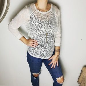 Lace long sleeve tee shirt off white boho top large XL Medium